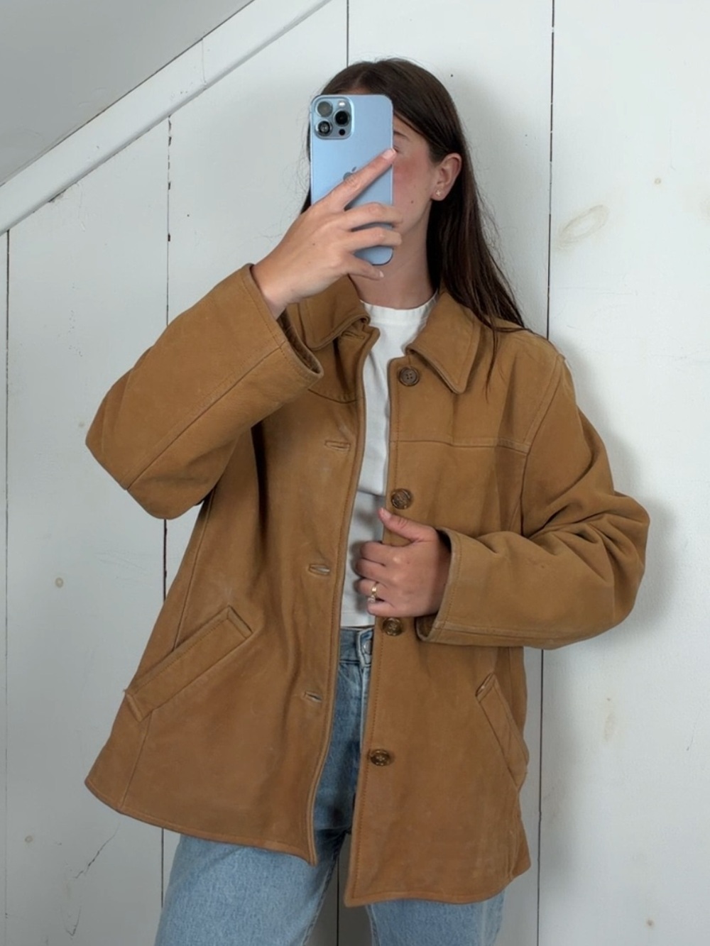 Vintage Eddie Bauer Tan Genuine Leather Button‎ Front Collared Jacket Women’s XL